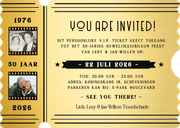 Gouden ticket huwelijksjubileum uitnodiging Achterkant