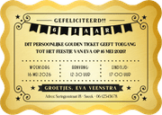 Gouden ticket uitnodiging kaart kinderfeestje golvende rand Achterkant