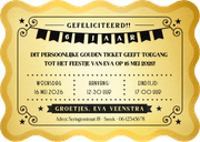 Gouden ticket uitnodiging kaart kinderfeestje golvende rand Achterkant