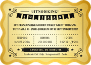Grappige uitnodiging jubileum gouden ticket Achterkant