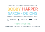 Hip minimalistisch uniseks geboortekaartje met golfrand Achterkant