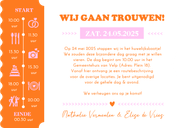 Hippe ticket vorm uitnodiging trouwen met felle kleuren Achterkant