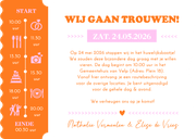 Hippe ticket vorm uitnodiging trouwen met felle kleuren Achterkant