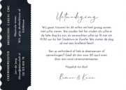 Stijlvolle trouwuitnodiging ticket donkerblauw hartjes Achterkant