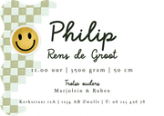 Trendy geboortekaartje blokpatroon groen smiley patch Achterkant