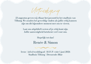 Trouwkaart wave vorm kaart donkerblauw stijlvol blauw goud Achterkant