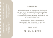 Uitnodiging bruiloft ticketvorm met grote foto en namen Achterkant