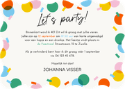 Uitnodiging golfvorm met gekleurde confetti let's party Achterkant