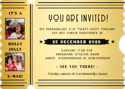 Uitnodiging kerstdiner in VIP ticket vorm zwart met goud Achterkant