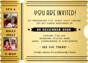 Uitnodiging kerstdiner in VIP ticket vorm zwart met goud Achterkant