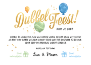 Uitnodiging kinderfeestje dubbel feest ballonnen confetti Achterkant