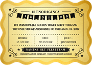 Uitnodiging nieuwjaarsborrel gouden ticket golvend Achterkant