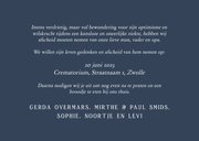 Donkerblauwe rouwkaart met fotos en grote naam 3