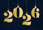 Donkere kerstkaart met 2026 in kerstballen lichtpuntjes 2