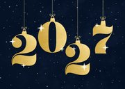 Donkere kerstkaart met 2027 in kerstballen lichtpuntjes 2
