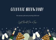 Feestelijke nieuwjaarskaart oliebollen, vuurwerk & champagne 3