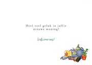 Felicitatie nieuwe woning vrolijk konijn op fiets dozen 3