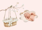 Felicitatiekaart geboorte meisje rotan wiegje met baby. 2