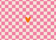 Hip geboorte kaartje oranje roze blokjes groovy vorm Achterkant