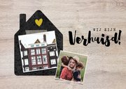 Hippe verhuiskaart met huisje, foto's en hout 2