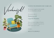Hippe verhuiskaart met planten, stoel en foto's 3