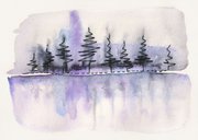 Kerstkaart aquarel kerstbomen met reflectie 2