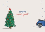 Kerstkaart blauwe cabrio met kerstboom 3