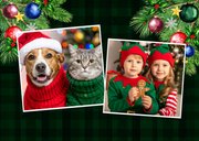 Kerstkaart kerstkrans kerstballen ruiten strik en foto 2