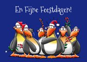 Kerstkaart met 6 pinguïns met een glazen vaas bloemen  2