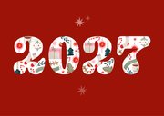 Kerstkaart met jaartal vrolijke illustraties en sterren rood 2