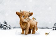 Kerstkaart Schotse hooglander roodborstjes foto winter 2