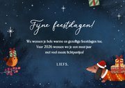 Kerstkaart teckel met lampjes, sneeuw en roodborstje 3