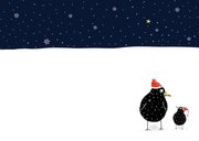 Kerstkaart vogels met kerstmuts en baard in de sneeuw Achterkant