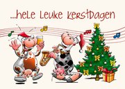 Leuke kerstkaart met een koe die op de piano speelt 2