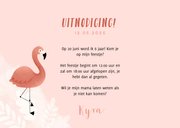 Lieve uitnodiging kinderfeestje flamingo, bladeren en foto 3