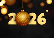 Moderne nieuwjaarskaart zwart 2026 kerstbal goud foliedruk 2