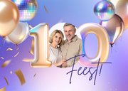 Moderne uitnodiging dubbel feest samen 100 ballonnen disco 2