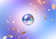 Moderne uitnodiging dubbel feest samen 100 ballonnen disco Achterkant