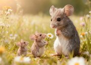 Moederdagkaart lieve muis en twee babymuisjes met bloem 2