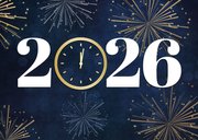 Nieuwjaarskaart 2026 met klok op 12 uur en vuurwerk 2