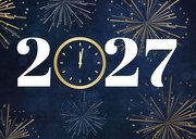Nieuwjaarskaart 2027 met klok op 12 uur en vuurwerk 2