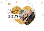 Nieuwjaarskaart liefdevol hartjes champagne goud proost 2
