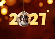 Nieuwjaarskaart modern 2027 rood kerstbal goud met foto 2