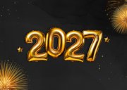 Nieuwjaarskaartje vuurwerk 2027 folieballonnen foto goud 2