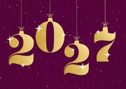 Paars kerstkaartje met sterren en gouden cijfers heelal 2
