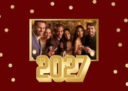 Rode zakelijke kerstkaart met grote gouden 2027 en confetti 2