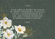 Trouwkaart bruidsmeisje herfstanemoontjes op groen fluweel. 3