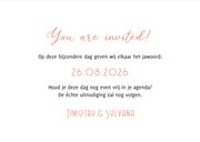 Trouwkaart save the date ticket hip modern foto zalmroze 3