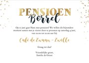 Uitnodiging 'Pensioen Borrel' champagneglazen en goudlook 3