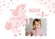 Uitnodigingen kinderfeestje met roze unicorn en vlaggetjes 2